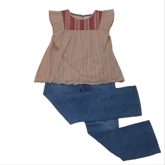 Knox Rose Boho Top Flutter Sleeve Striped Smock Style Embroidered Flounce Blouse - Picture 16 of 17